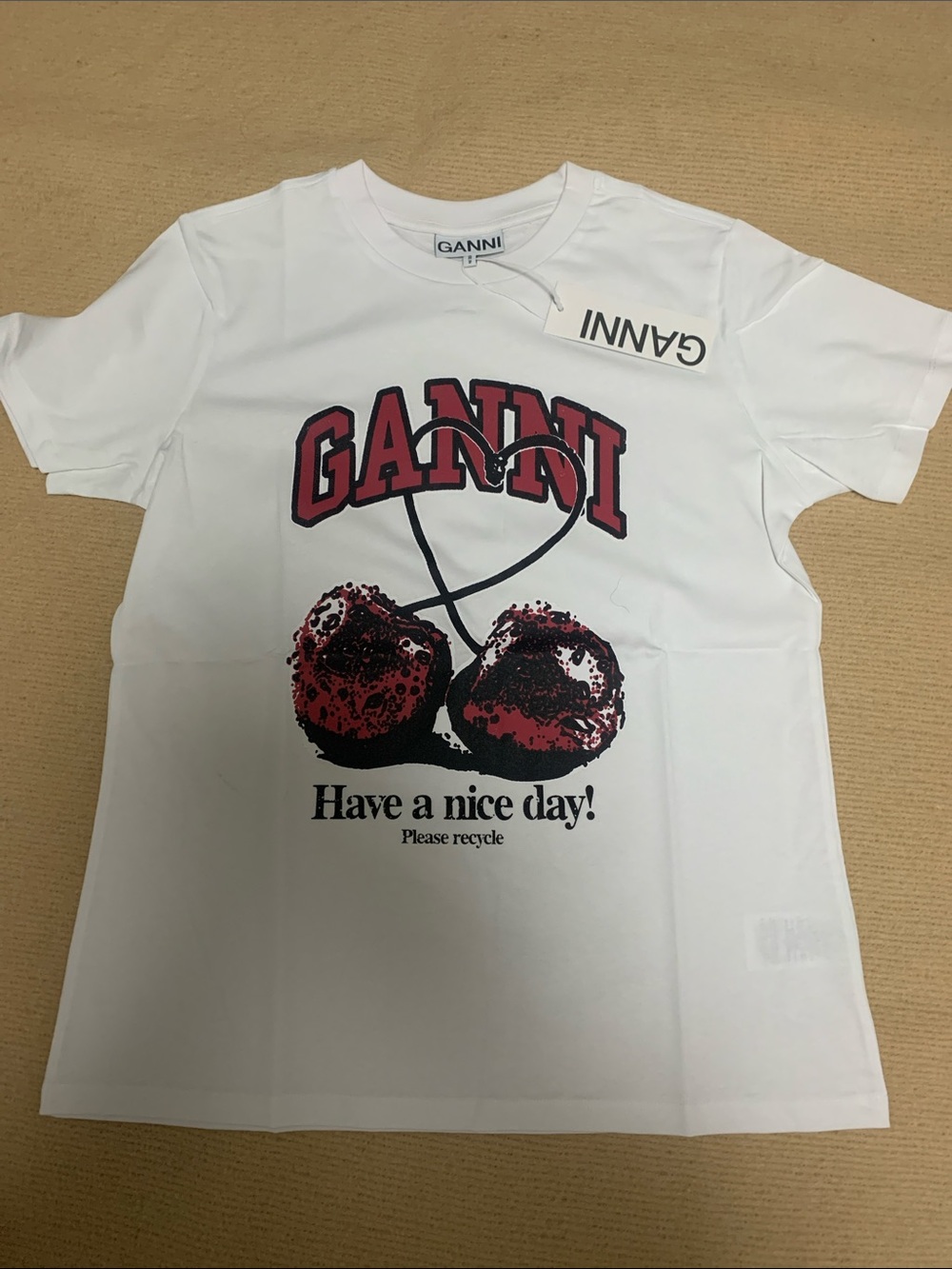 Ganni White Tee with Red & Black Cherry Graphic